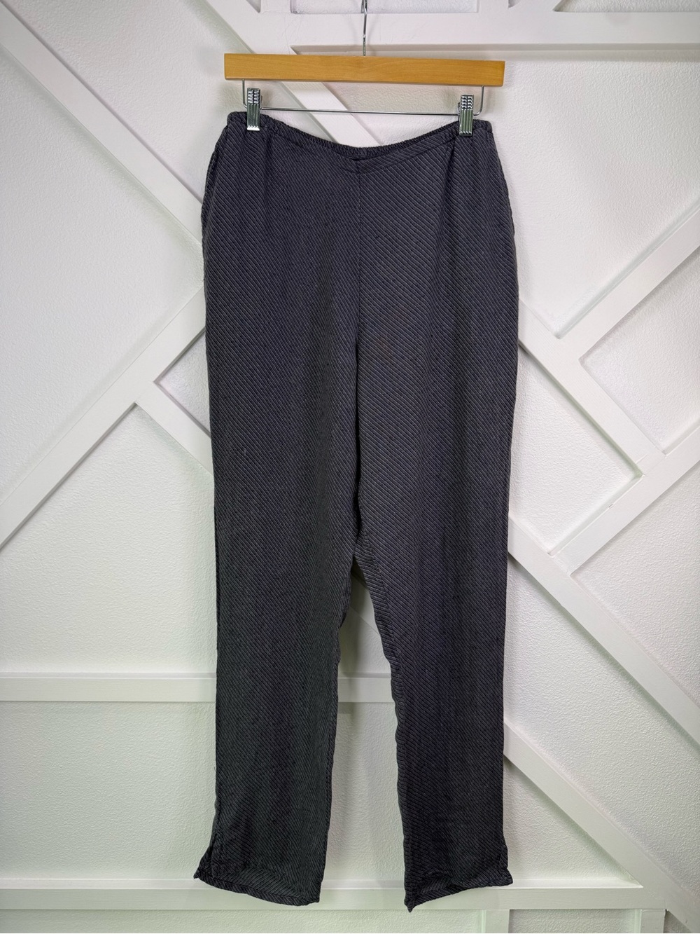 NWOT FLAX Gray 100% Linen Textured Diagonal Stripe Pull On Pants Size Small - Picture 1 of 11